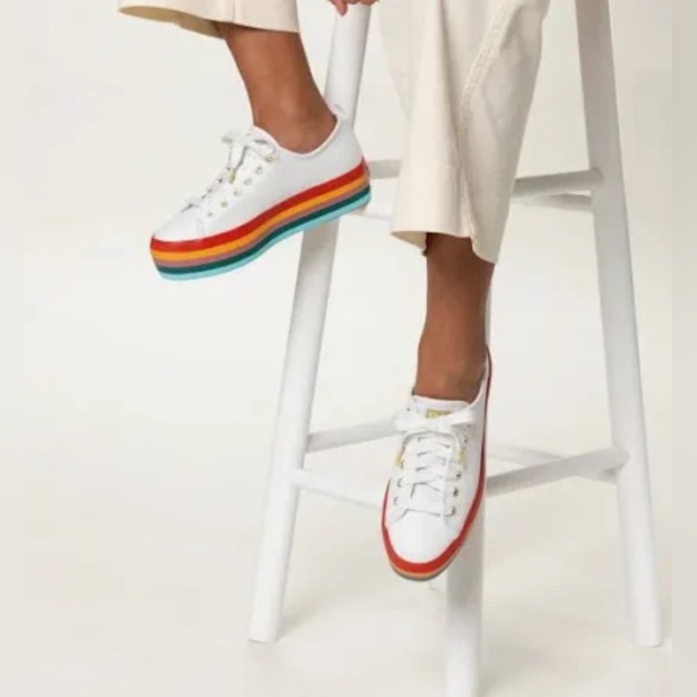 Keds White Platform Sneakers with Rainbow Stripe Sole - Picture 2 of 10